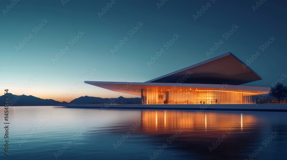 Poster 夜の水辺に浮かぶモダン建築のシルエット 青い空と湖面の反射が美しい風景