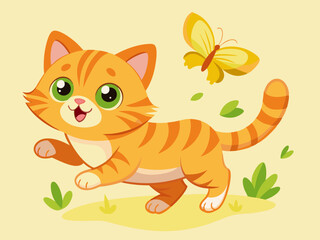 Cute Orange Tabby Kitten Playing Outdoors with a Butterfly