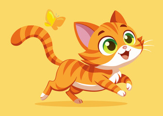 Playful Orange Tabby Kitten Chasing Butterfly Cartoon Illustration
