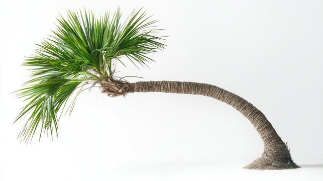 Palm tree with long curved trunk, white studio background