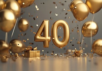 Golden 40th Birthday Celebration with Balloons and Gift Decorations
