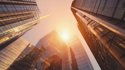 Urban skyline at sunset, tall glass buildings reflecting warm light, ideal for city development themes and inspirational quotes.