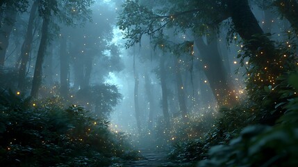 Mystical forest glows with soft, ethereal light
