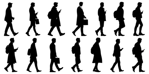 Silhouettes of Walking Men with Smartphones and Bags