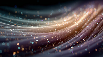 Elegant flowing waves with sparkling bokeh effects on dark background  
