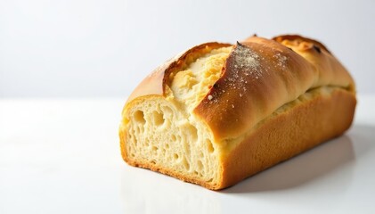 Artisanal Italian bread loaf on white backdrop, baked, wholesome, minimal