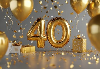 Golden 40th Birthday Celebration with Balloons and Confetti Decoration