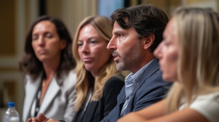 Obraz premium Panelists discuss various topics, sharing their expertise and insights in a collaborative setting. The discussion fosters knowledge exchange among professionals in the industry