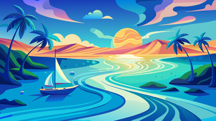 Obraz premium Beneath the glowing sun, the lagoon shimmers in shades of aquamarine and sapphire. Gentle waves trace lazy paths to the beach, leaving frothy footprints on soft sand. The horizon stretches endlessly, 