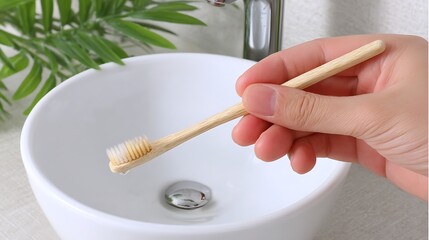 Bamboo Toothbrush in Bathroom Sink