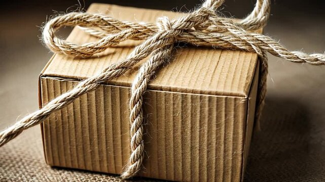 A beautifully wrapped brown cardboard gift box tied with twine on a textured surface
