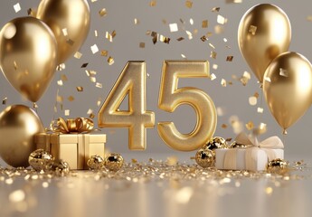 Golden 45th Birthday Celebration with Balloons and Confetti Decor