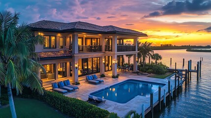 Luxurious waterfront home at sunset with swimming pool and dock.