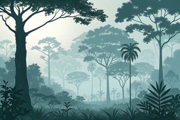 Misty Jungle Landscape with Lush Green Trees and Plants in Serene Atmosphere