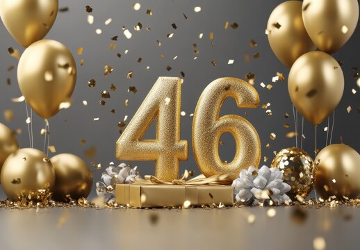 Golden 46th Birthday Celebration with Balloons and Confetti