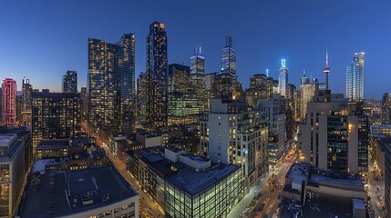 Fototapeta premium Panoramic city skyline at dusk featuring illuminated skyscrapers and urban streets bustling with life