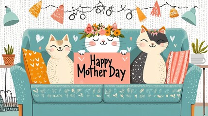 Cute cats celebrating Mother's Day at home. Happy mothers day with cat