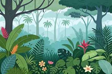 Lush Jungle Landscape with Tropical Plants and Flowers in Vibrant Greenery