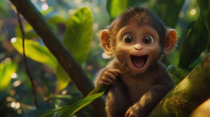 Whimsical Juvenile Monkey with an Exuberant Expression Amidst Lush Foliage