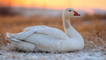 White goose resting in a field of frost