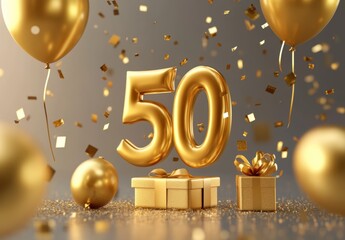 Golden 50th Birthday Celebration with Balloons and Confetti