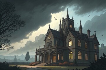 Obraz premium Eerie Gothic Mansion Intricate Architecture Dark Skies Halloween Inspired Vector Art