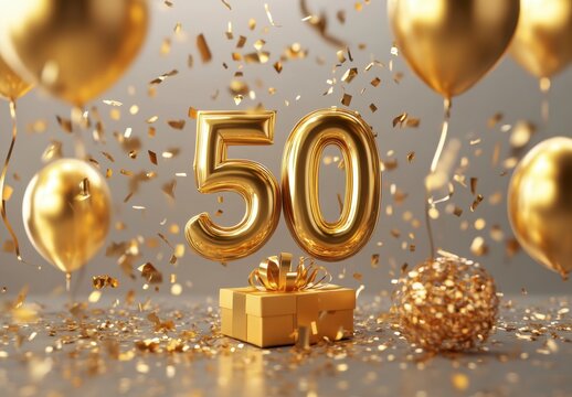 Golden 50th Birthday Celebration with Balloons and Confetti