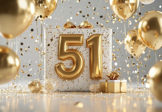 Golden 51st Birthday Celebration with Balloons and Confetti