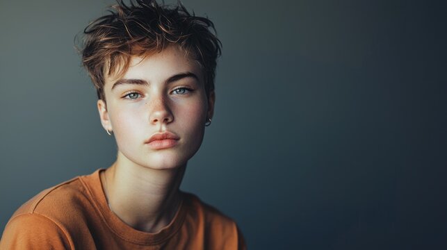 Portrait of serious transgender nonbinary teen, casual clothes, studio background, respectful tone