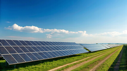 Vast Solar Panel Farm under a Clear Blue Sky Eco-Friendly Energy Production