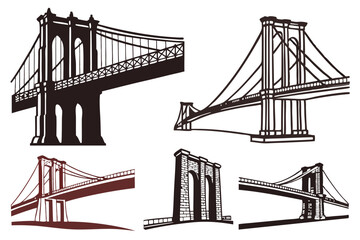 set of Brooklyn Bridge silhouette vector illustration