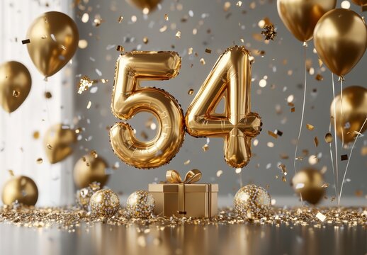 Golden Balloons and Decorations for a 54th Birthday Celebration