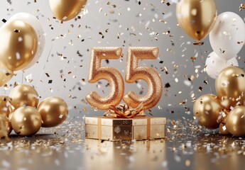Shimmering Gold 55th Birthday Celebration with Balloons and Confetti