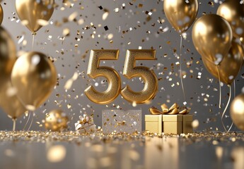 Golden Celebration with Balloons, Confetti, and Gifts for Milestone