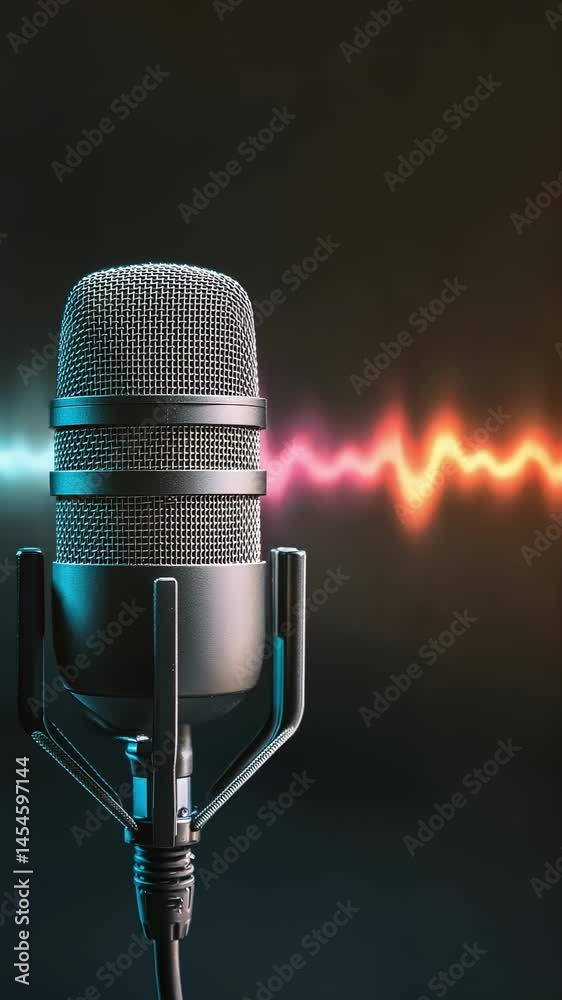 Poster Professional condenser microphone recording audio with digital sound wave visualization on dark background, representing music production and vocal performance in modern studio setting