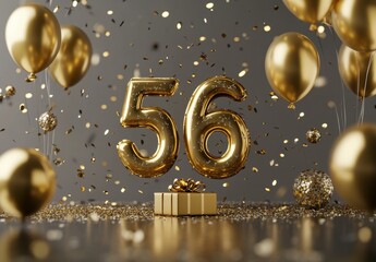 Golden Balloons and Confetti Celebrate 56th Birthday Party Scene