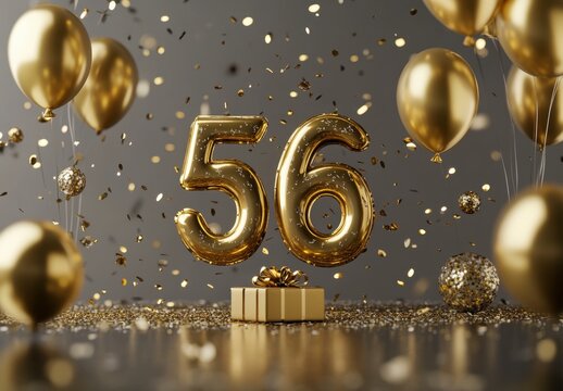 Golden Balloons and Confetti Celebrate 56th Birthday Party Scene