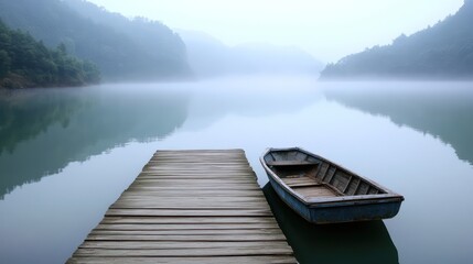 Obraz premium Misty morning lake scene with wooden dock and boat