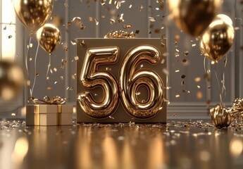 Elegant Gold Number 56 Surrounded by Balloons and Confetti Celebration