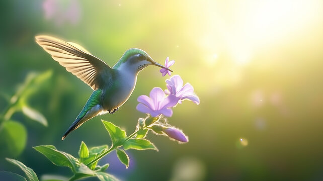 A delicate hummingbird sipping nectar from a purple flower in the soft morning light surrounded by lush green foliage