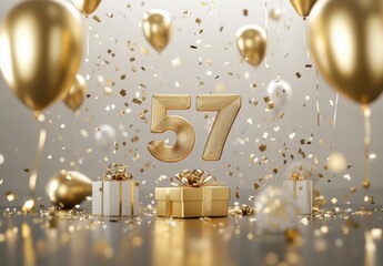 Festive Celebration with Gold Balloons, Gifts, and Confetti 57