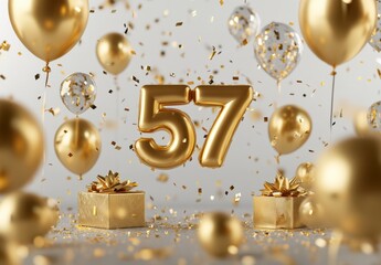 Golden Celebration with Number 57 Balloons and Festive Decorations