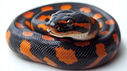 Obraz premium Coiled snake with black scales and orange spots resting against a white backdrop