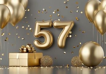 Golden Decorations with Number 57, Balloons, Gifts, and Confetti