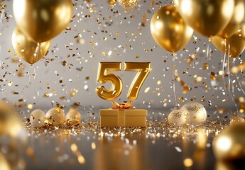 Celebration of a Birthday with Golden Balloons and Gift Box
