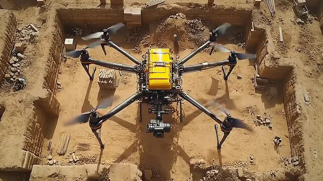 Drone hovering over excavation site