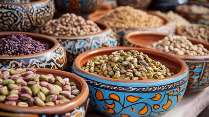Fototapeta premium A vibrant Gaziantep bazaar bustling with colorful textiles, ceramics, and the aroma of roasted pistachios