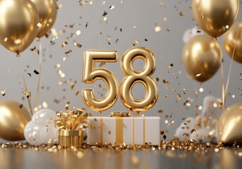 Golden Birthday Celebration with Balloons and Confetti for Age 58