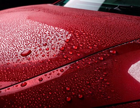 closeup red car paint surface with hydrophobic ceramic coating