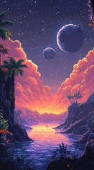 Fototapeta premium Vibrant Cosmic Sunset Over Alien Landscape with Two Planets and Lush Vegetation
